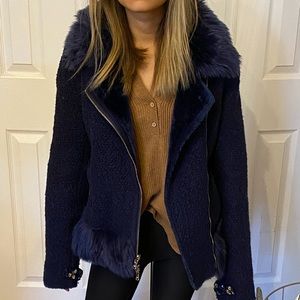 Navy faux fur bomber with embellishment